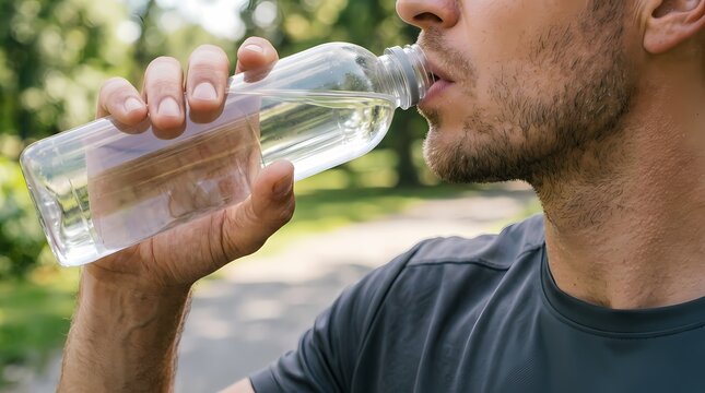 Man drinks clear water from a transparent reusable bottle while exercising in a lush green park during the daytime.