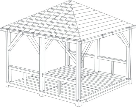 Wooden gazebo pavilion vector illustration, backyard pergola patio structure isometric wireframe line art design