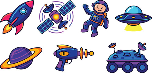 Fototapeta premium Cute Outer Space Exploration Vector Icon Set with Rocket Ship, Satellite, Floating Astronaut, Alien UFO Saucer, Ringed Planet, Ray Gun, and Lunar Rover