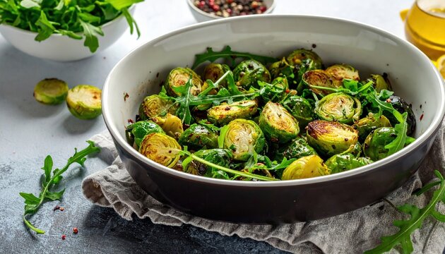 roasted Brussels sprouts with arugula and herbs in baking dish