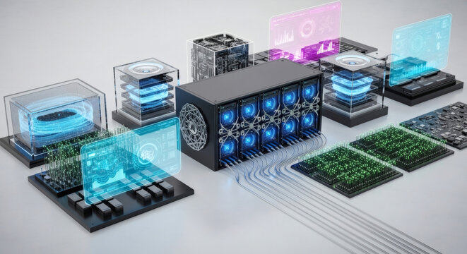 High tech futuristic server hardware with digital data processing microchip module and HUD holographic screen interface 3d illustration