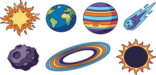 Outer Space and Solar System Planets Vector Icon Set with Flaming Sun, Earth, Jupiter, Flying Meteor, Cratered Asteroid, Saturn Rings, and Solar Eclipse © MDSAROWARHOSSAIN