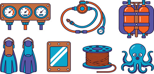 Scuba Diving and Underwater Exploration Vector Icon Set with Pressure Gauges, Regulator Hose, Oxygen Tanks, Fins, Dive Slate, Reel Line, and Cute Octopus © MDSAROWARHOSSAIN