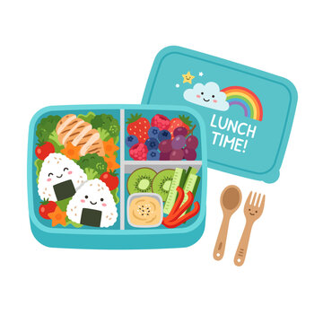 Cute kawaii bento lunch box with smiling food characters and fork spoon set