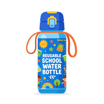 Colorful reusable school water bottle with pixel art design and carrying handles