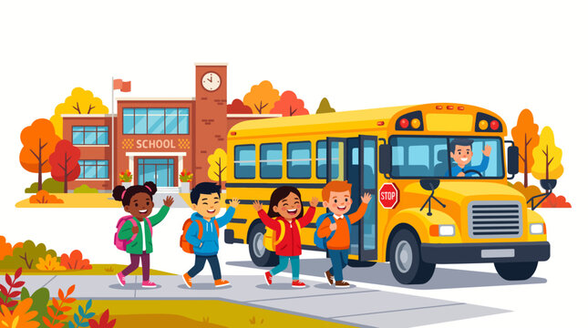 Group of happy diverse kids boarding a yellow school bus in front of a school building during autumn