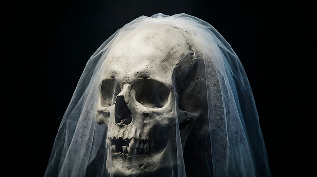 Human skull wearing a dark bridal wedding veil