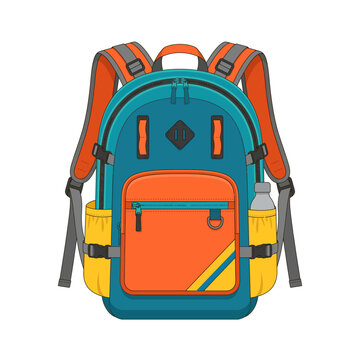 Colorful pixel art backpack with school supplies and water bottle on side
