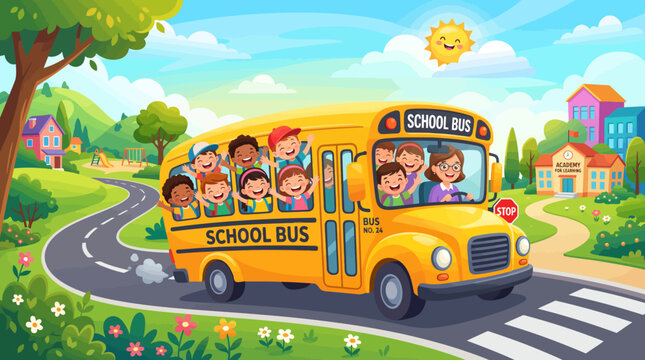 Happy children riding a yellow school bus in a colorful cartoon town on a sunny day