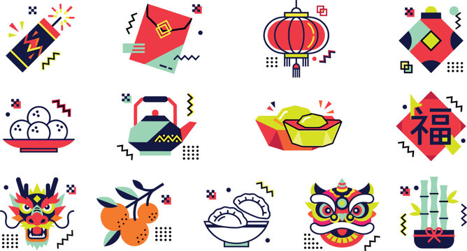 Geometric Chinese New Year Icon Set Featuring Memphis Style Lantern Dragon Lion Dance Red Envelope Gold Sycee and Dumplings Vector Illustration