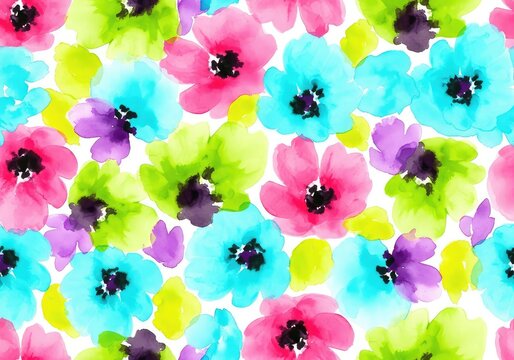 Vibrant seamless pattern featuring abstract watercolor blooms in neon pink, turquoise, lime green. Artistic floral design for background, ink, turquoise, spring