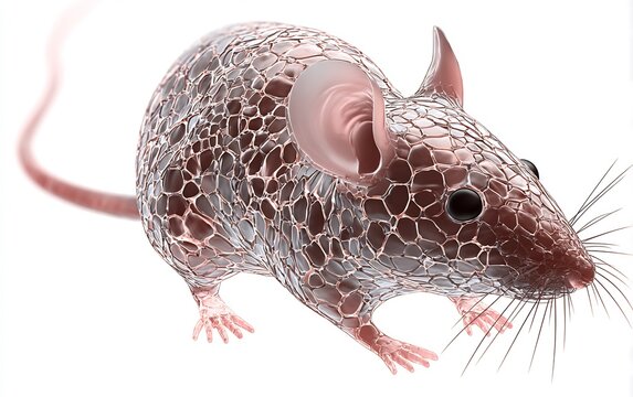 Conceptual 3D illustration of a rodent with a cellular mesh skin structure isolated on a bright white background