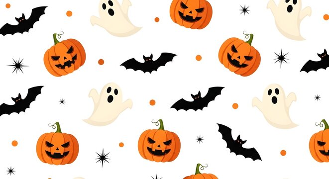 Seamless halloween pattern with ghosts, jackolanterns, and bats isolated on white background