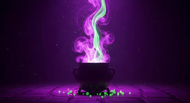 Witchs cauldron with magical purple and green smoke on a dark background