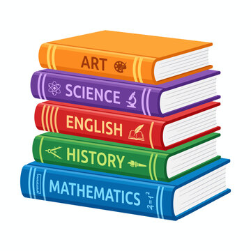 Stack of colorful school books with subjects art, science, english, history, and math