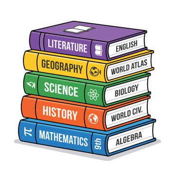 Stack of colorful school books with subjects on spines for learning and education