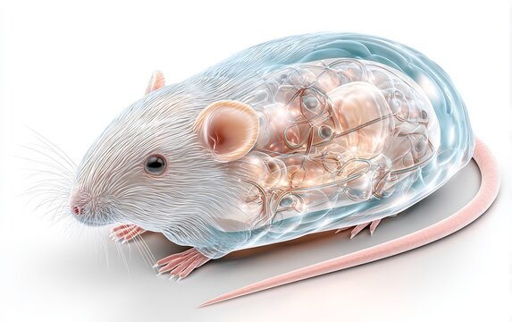 Anatomical 3D render of a translucent mouse showing internal organs and circulatory system on a clean white background
