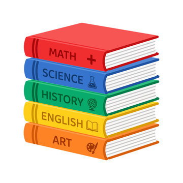 Stack of colorful school books for math, science, history, english, and art subjects