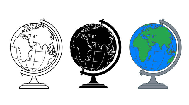Three antique globes showing world maps in different styles on stands