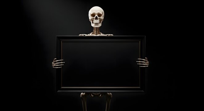 Human skeleton holding a blank black picture frame against a dark background