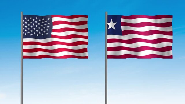 Flag of Liberia and USA, Pole flag of Liberia and USA on clear sky background. Liberia and USA flag waving. 
