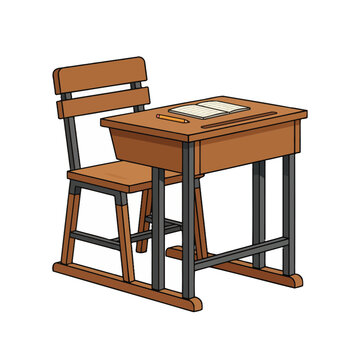 Wooden school desk and chair set with books on top