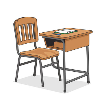 Wooden school chair and desk with books and pencils on top