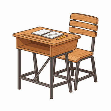 Wooden school desk and chair set with open book and pencil on top