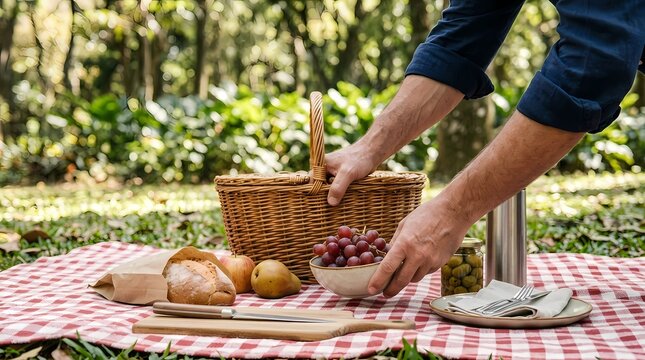 Picnic basket and fresh fruit sit on a red checkered cloth while hands prepare a meal in the warm afternoon sunlight.