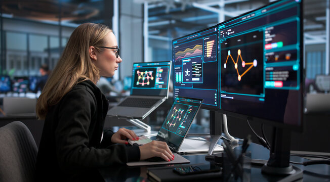 Woman Works On Laptop Monitoring Real-time Network Security