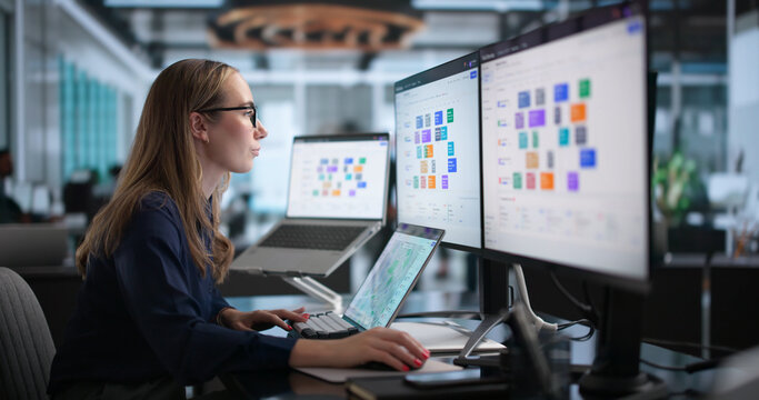 Woman Using Laptop To Manage Field Team Schedule