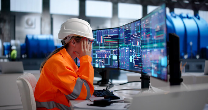 Young Female Engineer Examines Broken Machine System