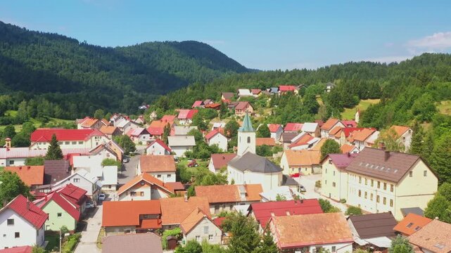 Aerial view of countryside landscape, small mountain town of Lokve in Gorski kotar, Croatia