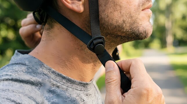 Cyclist secures the tightening buckle of a matte black safety helmet before beginning the commute.