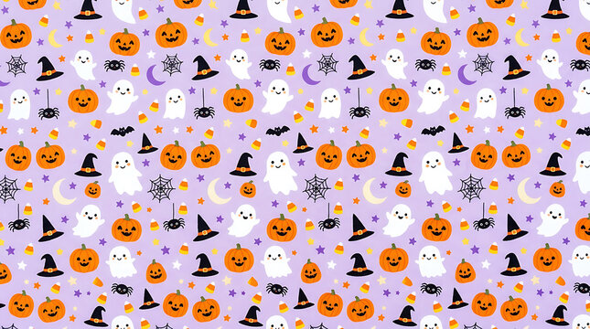 Seamless halloween pattern with pumpkins and witch hats