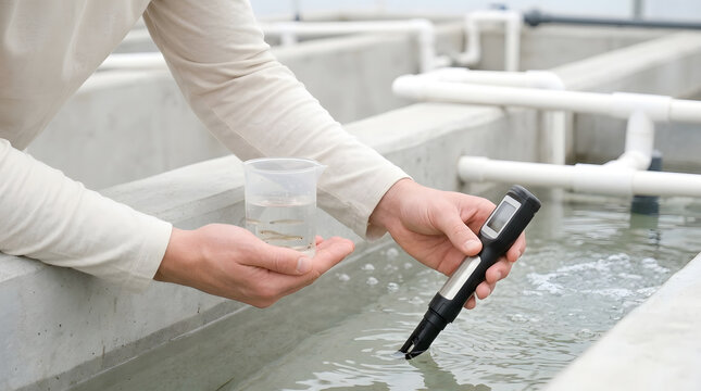 Man Testing Water Quality with Digital Meter While Holding Beaker of Fish Fry at Aquaculture Farm