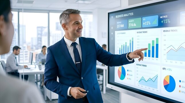 Smiling businessman points at financial charts on large digital display in modern office