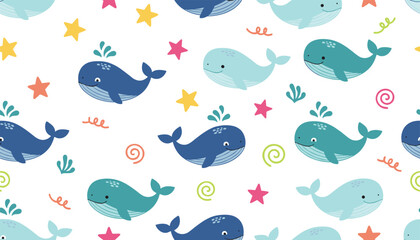 Naklejka premium Seamless childish pattern of cute cartoon blue whales, colorful stars, and sea plants on white background.
