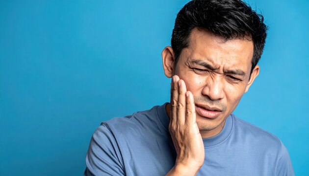 Man suffering from toothache while holding cheek on blue background, dental pain awareness concept