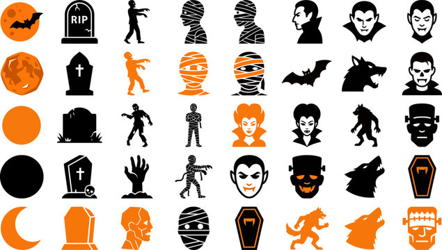 Halloween horror set featuring tombstones zombies mummies and monsters for creative graphics