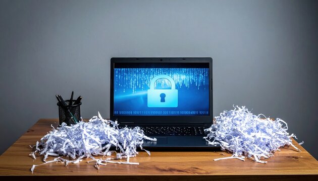 Office desk with shredded documents and laptop, cybersecurity and privacy concept