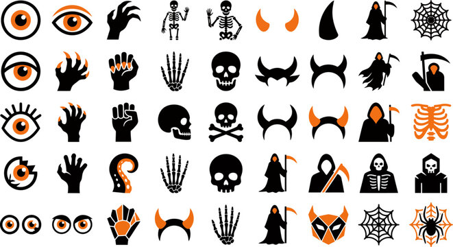 Halloween design set with skeletons skulls grim reapers and horror hands for graphic projects