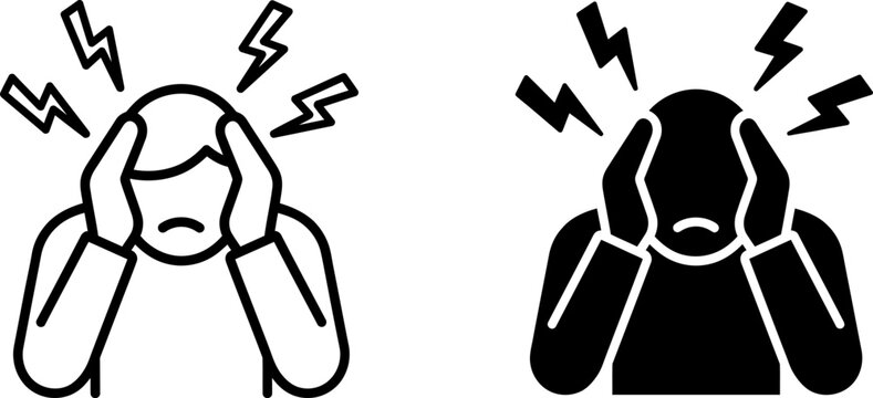 Headache and stress conceptual outline and solid icons set with headache migraine pressure