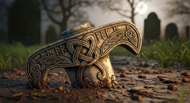 Ancient Viking Runestone Axe Head with Celtic Knots and Futhark Script in a Graveyard at Dusk