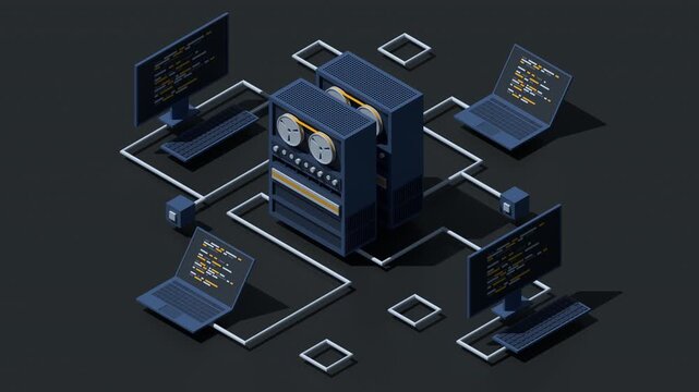 3D isometric server connecting computers animation. Network connection. Computing internet digital technology. Web hosting concept. Isometric technology. 4K video animated in isometric style
