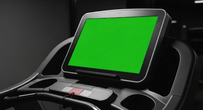 Digital Fitness Display Screen Showing Green Screen for Exercise Program Integration on Advanced Treadmill Machine in a Gym Environment Offering Customizable Workout Experience and Virtual Training Po
