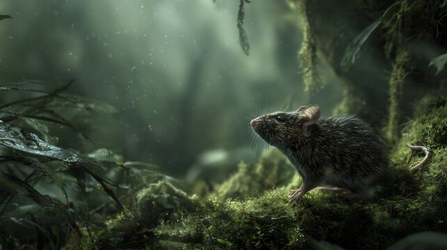 Small wild mouse standing on green mossy ground in a foggy forest with soft natural lighting and shallow depth of field
