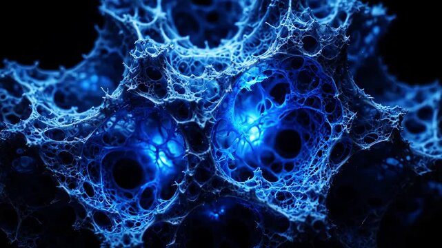 Macro deep-sea sponge texture, intricate porous structure, soft bioluminescent blue glow pulsing, static, dark background
