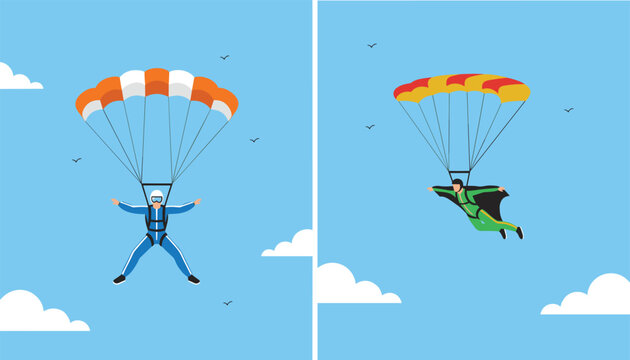 Vector illustration of extreme skydiving sports featuring a parachutist and a wingsuit flyer gliding in the sky.