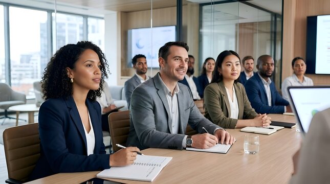 Diverse professionals in meeting, attentive audience, business conference, collaboration, learning